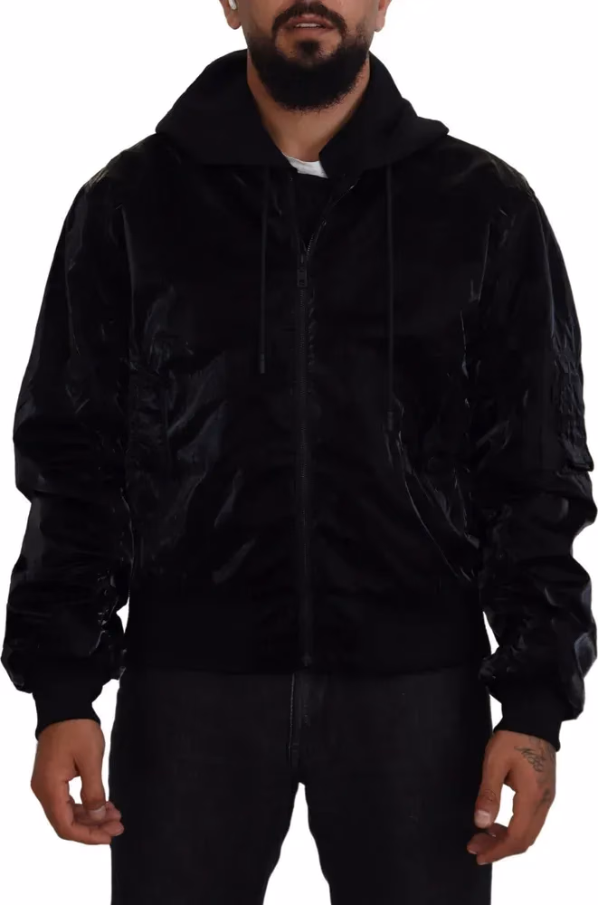 Dolce & Gabbana Black Nylon Hooded Full Zip Bomber Jacket