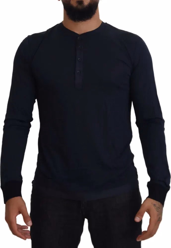 Dolce & Gabbana Blue Cotton Button Crewneck Pullover Sweater