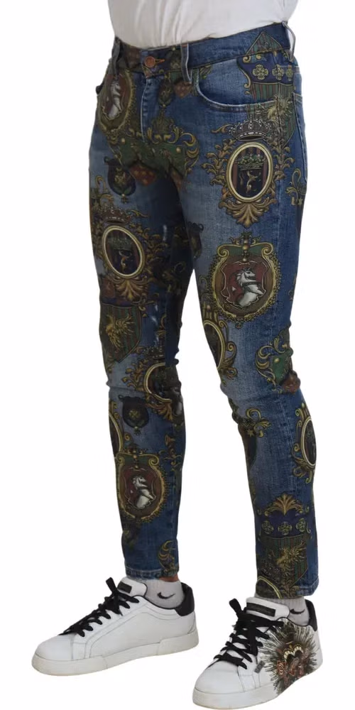 Dolce & Gabbana Blue Medal Print Slim Fit Cotton Jeans