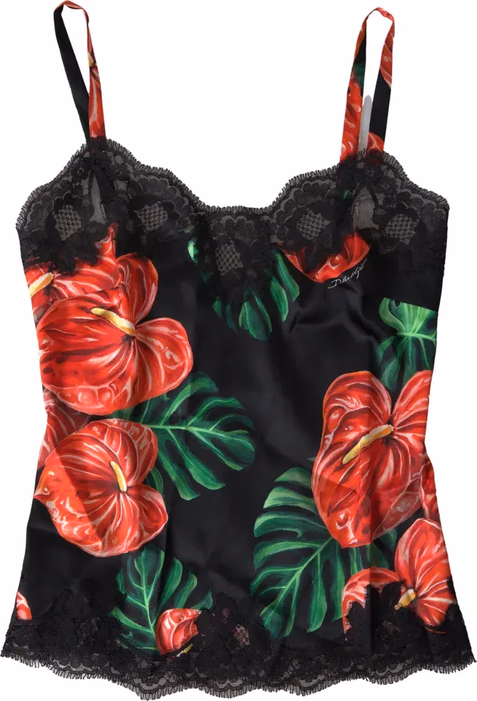 Dolce & Gabbana Black Anthurium Print Silk Camisole Top Underwear