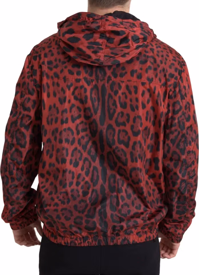Dolce & Gabbana Red Leopard Hooded Bomber Full Zip Jacket