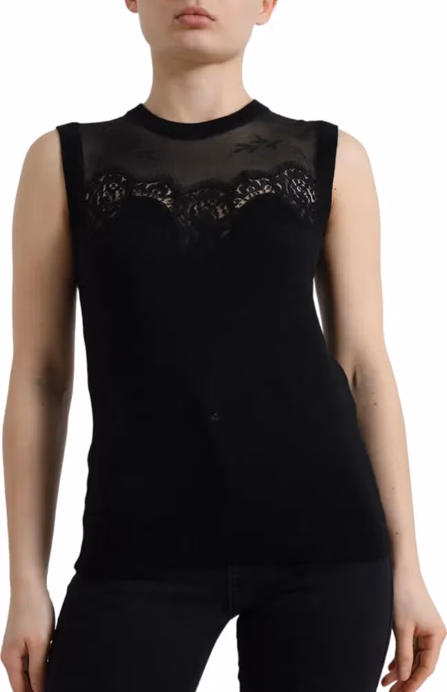 Dolce & Gabbana Black Cashmere Lace Trim Sleeveless Tank Top