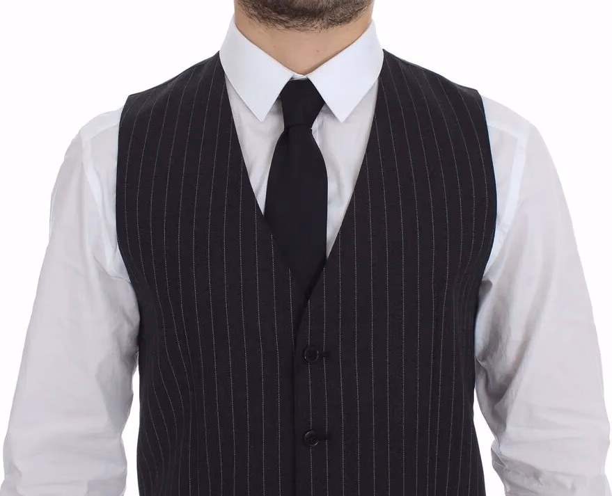 Dolce & Gabbana Gray Striped Wool Logo Vest Gilet Weste