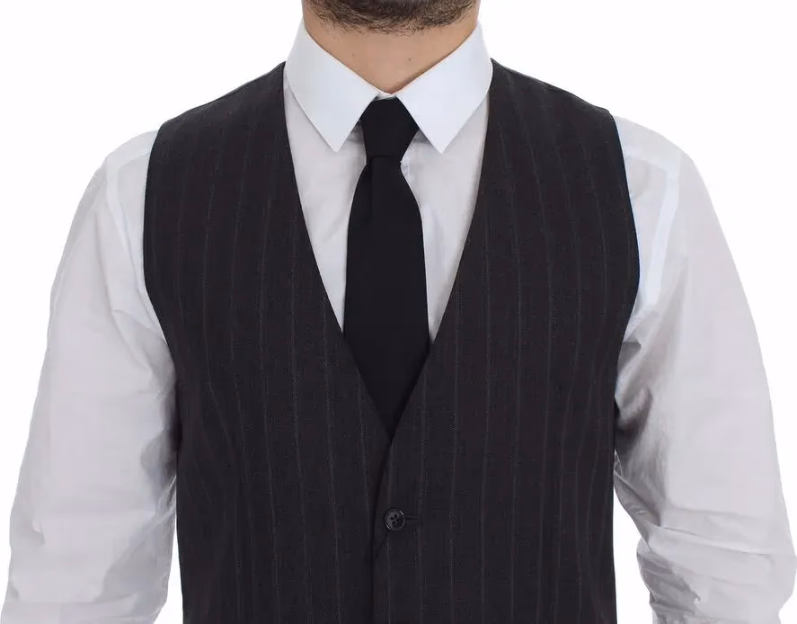 Dolce & Gabbana Gray Striped Wool Logo Vest Gilet Weste