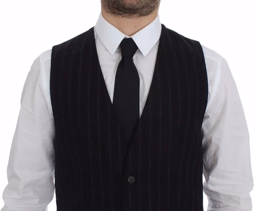 Dolce & Gabbana Black Striped Wool Logo Vest Gilet Weste