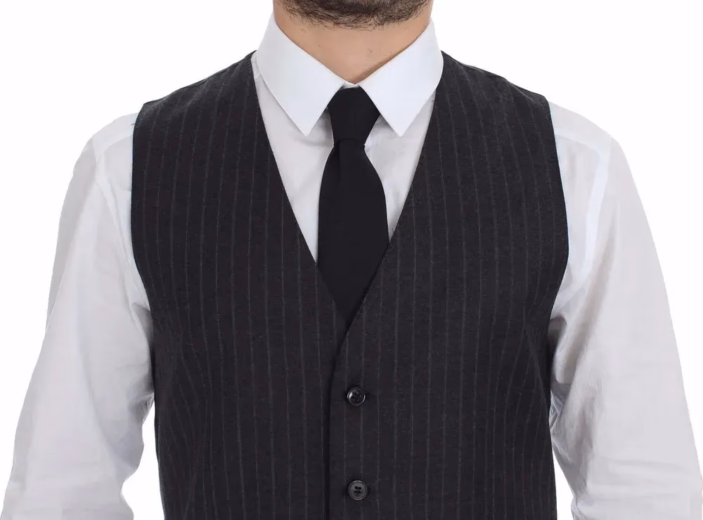 Dolce & Gabbana Gray Striped Wool Logo Vest Gilet Weste