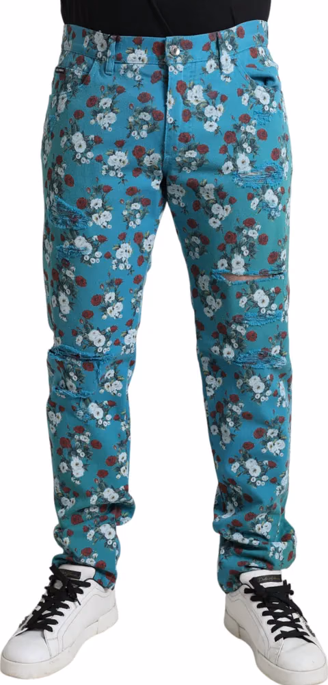 Dolce & Gabbana Blue Floral Print Skinny Cotton Denim Pants