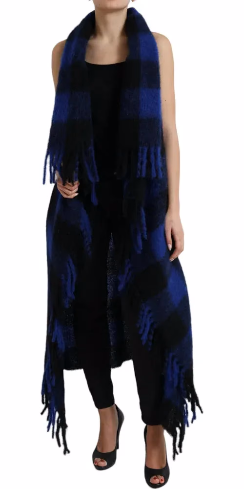 Dolce & Gabbana Black Blue Buffalo Check Poncho Coat Sweater