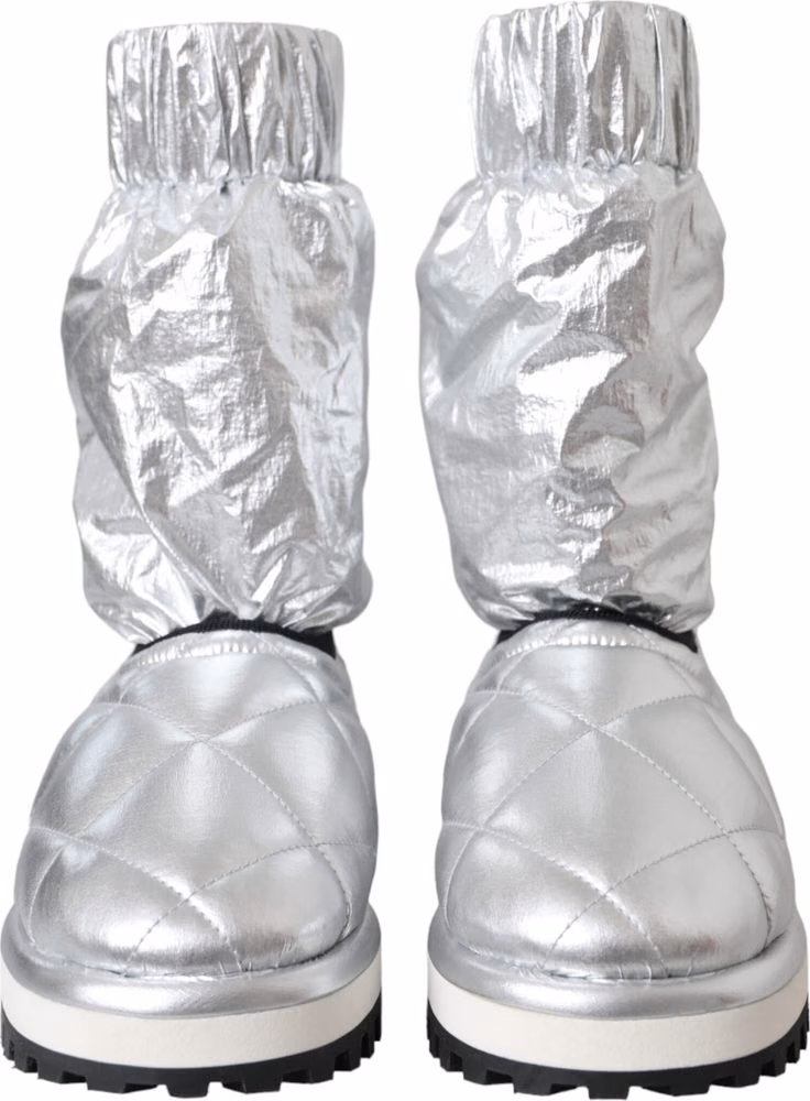 Dolce & Gabbana Metallic Silver Quilted Logo Patch Boot Shoes