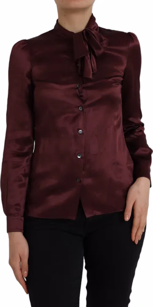 Dolce & Gabbana Maroon Ascot Collar Long Sleeve Top Blouse