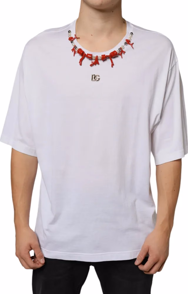 Dolce & Gabbana White Cotton Necklace Embellished T-shirt
