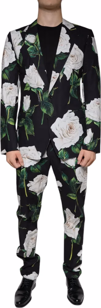Dolce & Gabbana Black Rose Cotton Men Formal 2 Piece Suit