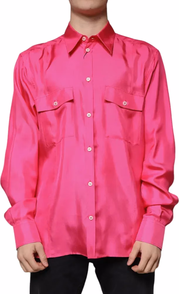 Dolce & Gabbana Pink Silk Collared Button Down Men Shirt