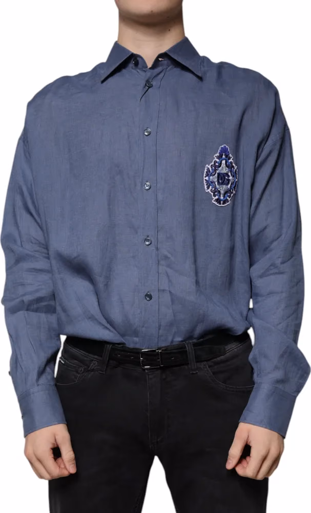 Dolce & Gabbana Blue Logo Long Sleeve Button Down Casual Shirt