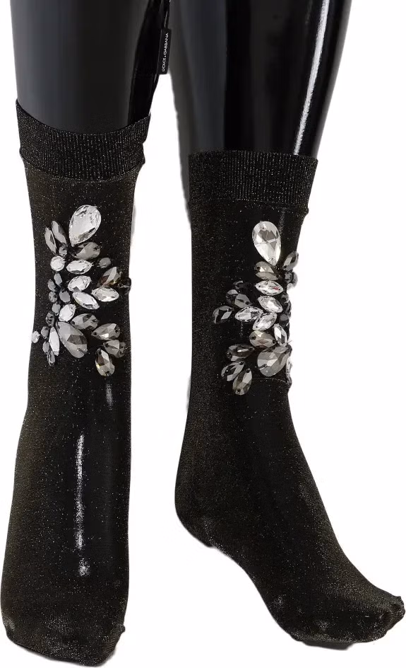 Dolce & Gabbana Black Stretch Floral Clear Crystal Socks