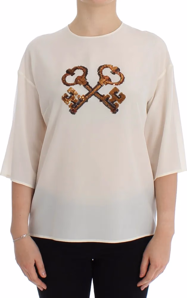 Dolce & Gabbana White Sequined Key Silk Blouse T-shirt Top