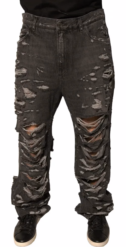 Dolce & Gabbana Gray Tattered Cotton Straight Men Denim Jeans