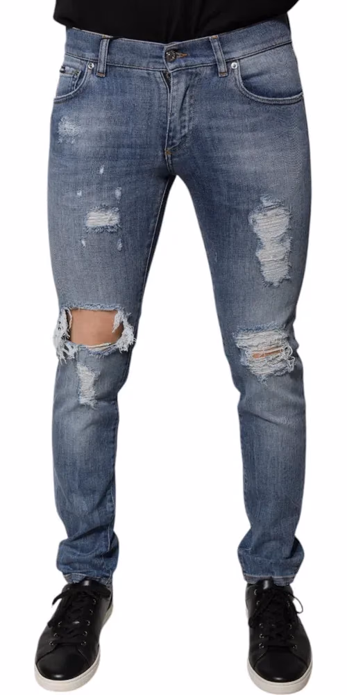 Dolce & Gabbana Blue Tattered Cotton Stretch Skinny Denim Jeans