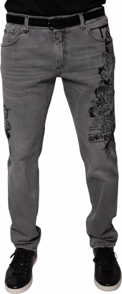 Dolce & Gabbana Gray Graphic Print Cotton Skinny Denim Jeans