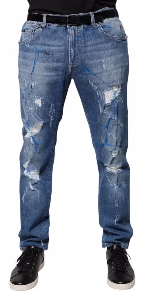 Dolce & Gabbana Blue Cotton Stretch Tattered Skinny Denim Jeans