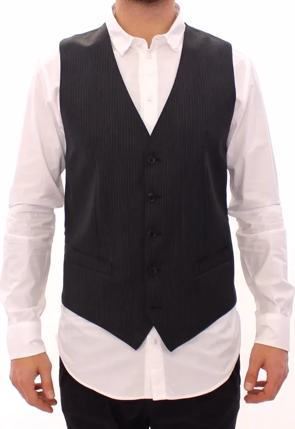 Dolce & Gabbana Gray Striped Wool Single Breasted Vest