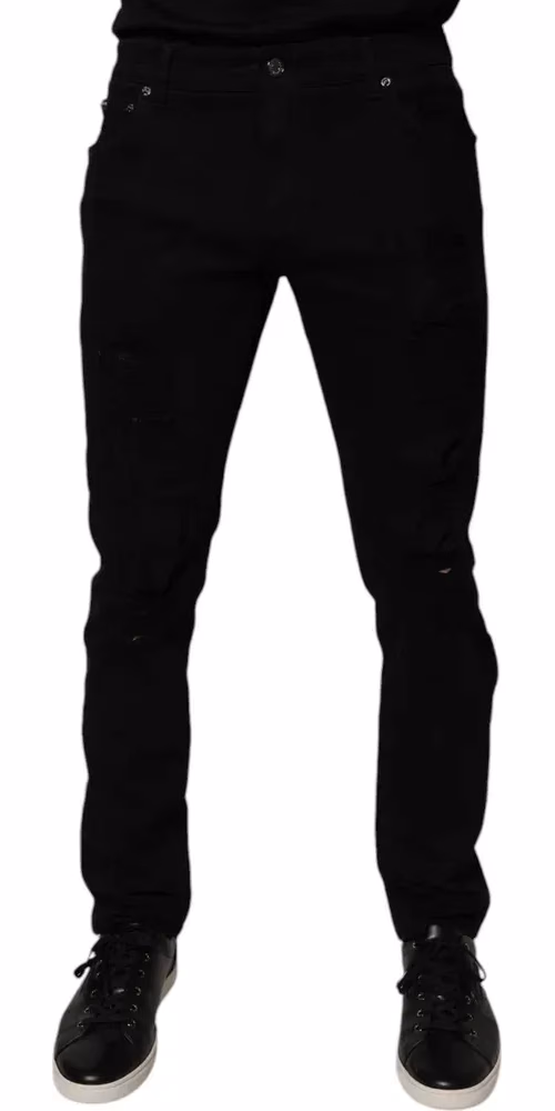 Dolce & Gabbana Black Tattered Cotton Skinny Men Denim Jeans