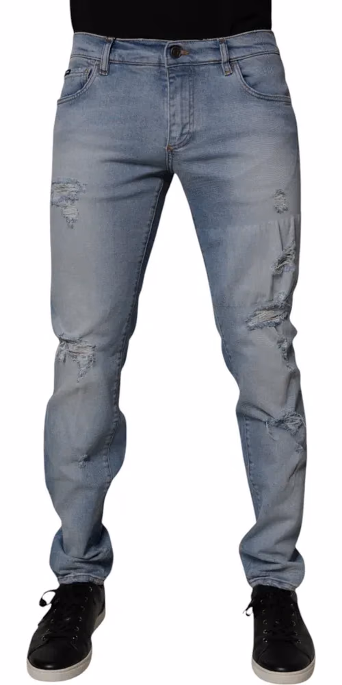 Dolce & Gabbana Blue Tattered Cotton Skinny Men Denim Jeans