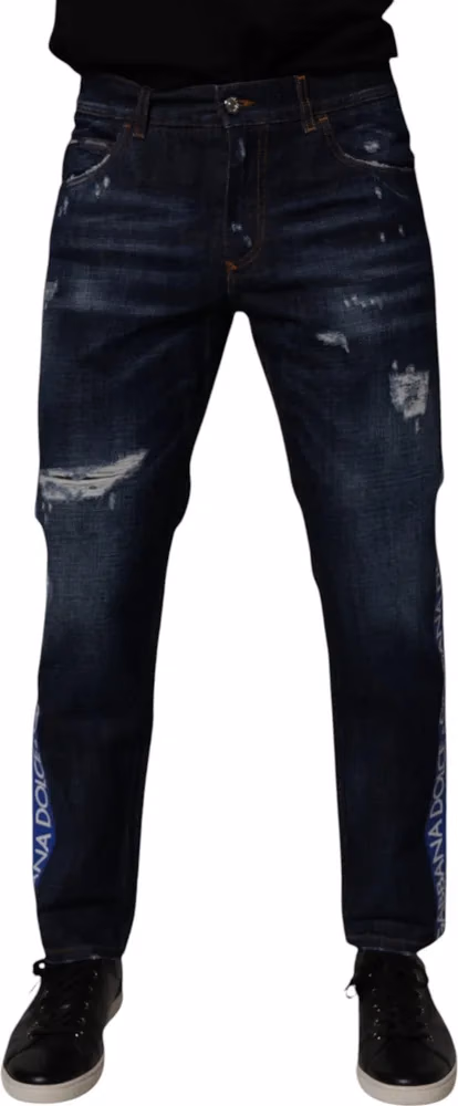 Dolce & Gabbana Dark Blue Cotton Tattered Skinny Denim Jeans