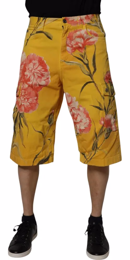 Dolce & Gabbana Yellow Floral Cargo Denim Men Bermuda Shorts