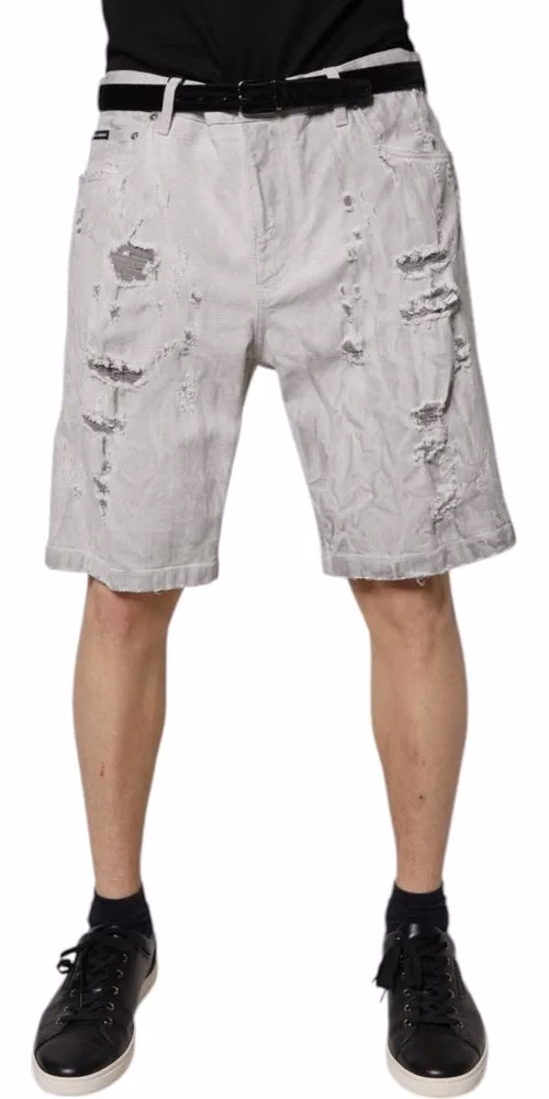 Dolce & Gabbana Light Gray Tattered Men Denim Bermuda Shorts