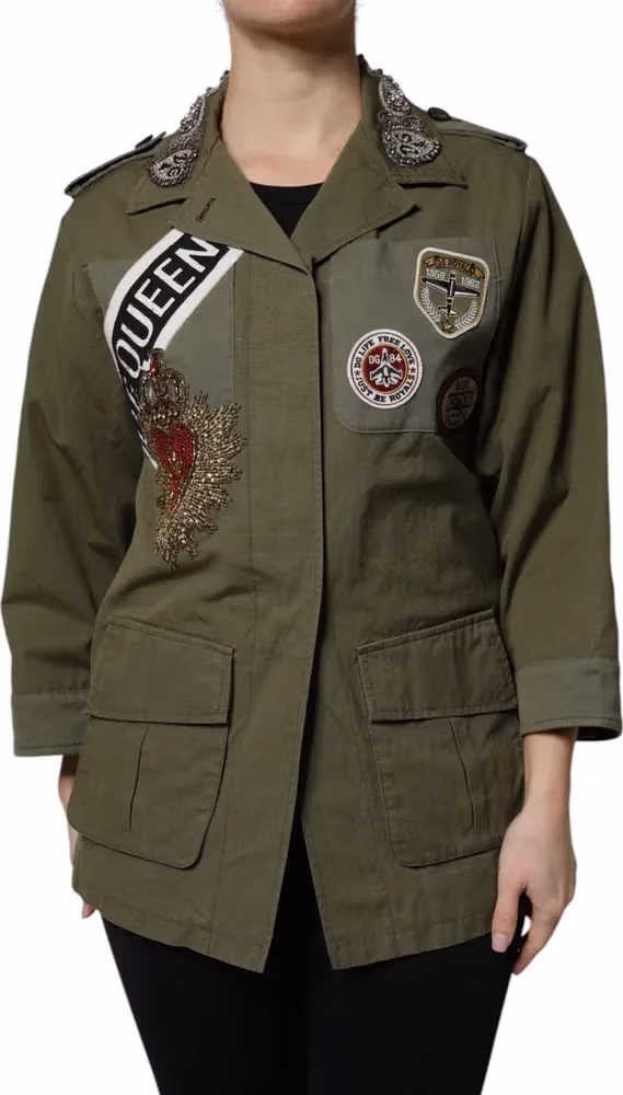 Dolce & Gabbana Military Green Queen Embellished Coat Jacket