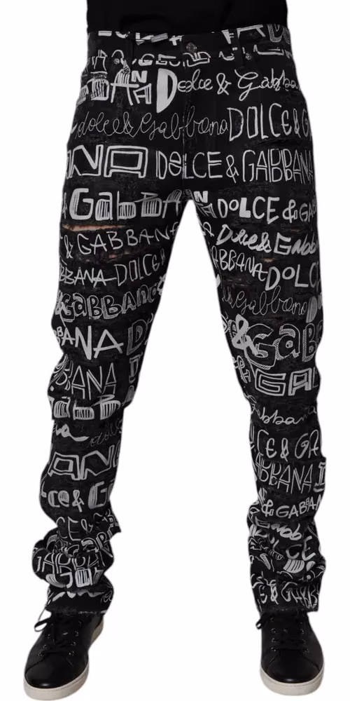 Dolce & Gabbana Black Cotton Logo Print Straight Denim Jeans