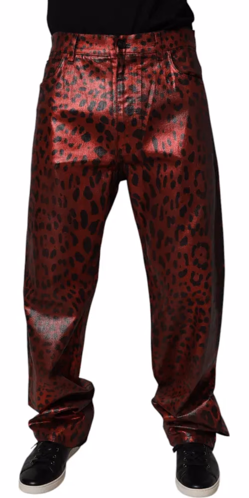 Dolce & Gabbana Red Leopard Cotton Straight Men Denim Jeans