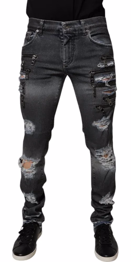 Dolce & Gabbana Dark Gray Tattered Cotton Skinny Denim Jeans