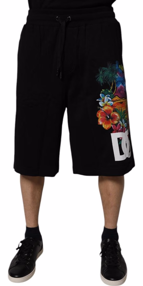 Dolce & Gabbana Black Cotton Logo Floral Print Bermuda Shorts
