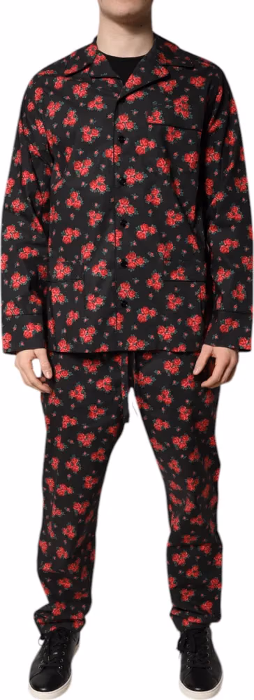 Dolce & Gabbana Black Floral Print Cotton Men Pajama Set Sleepwear