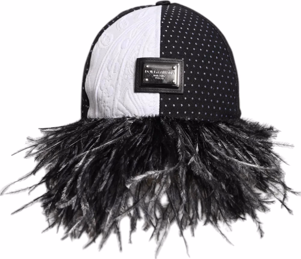 Dolce & Gabbana White Black Polka Dot Feathers Baseball Cap