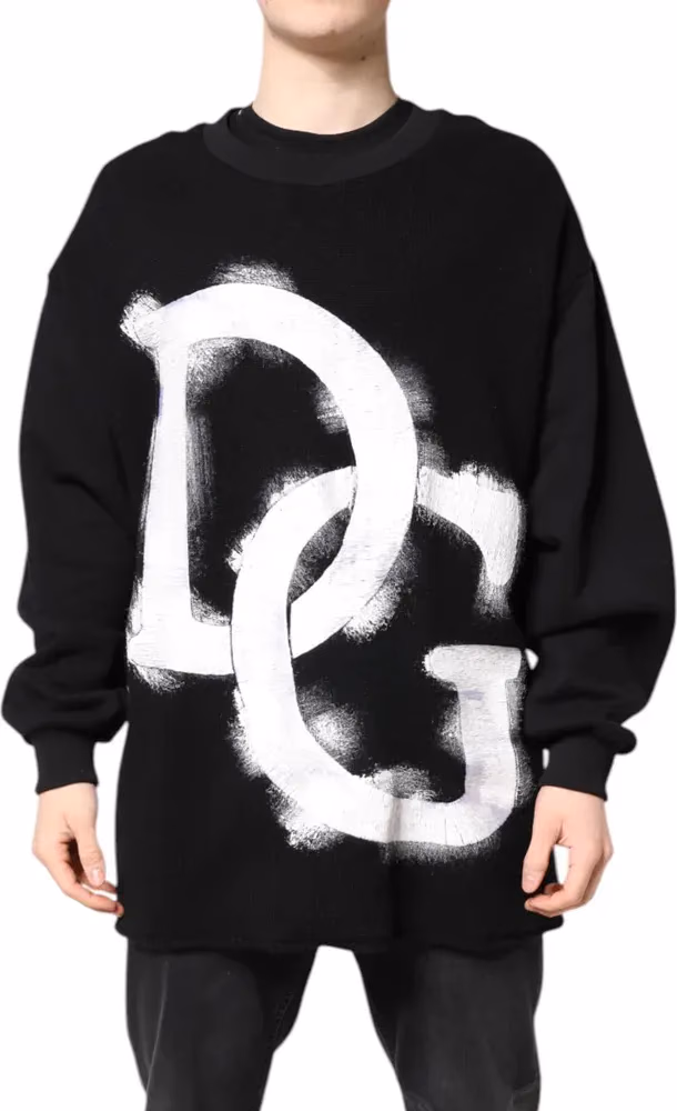Dolce & Gabbana Black Cotton Logo Print Men Pullover Sweater