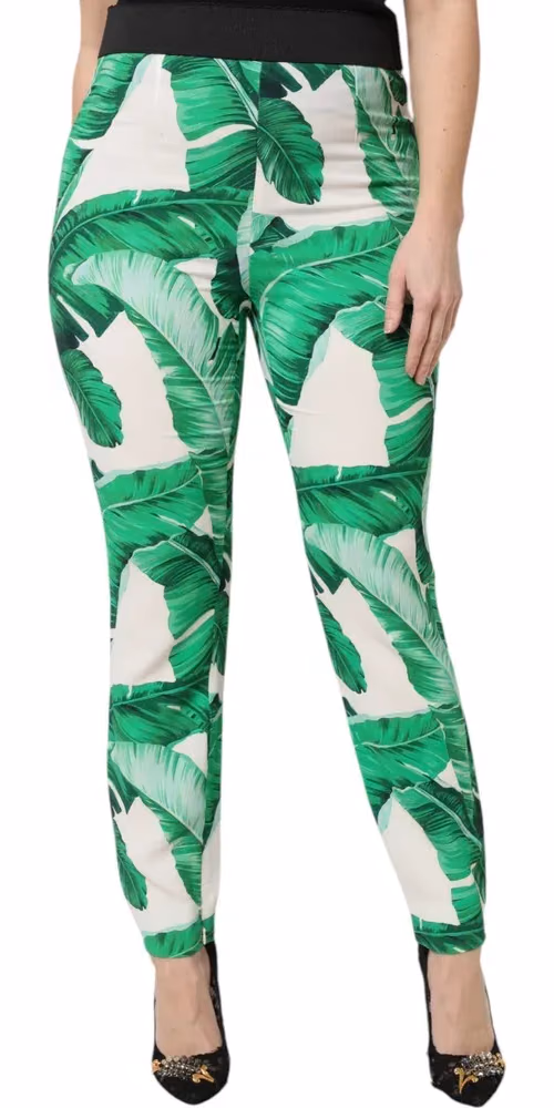 Dolce & Gabbana White Green Leaf High Waist Pants