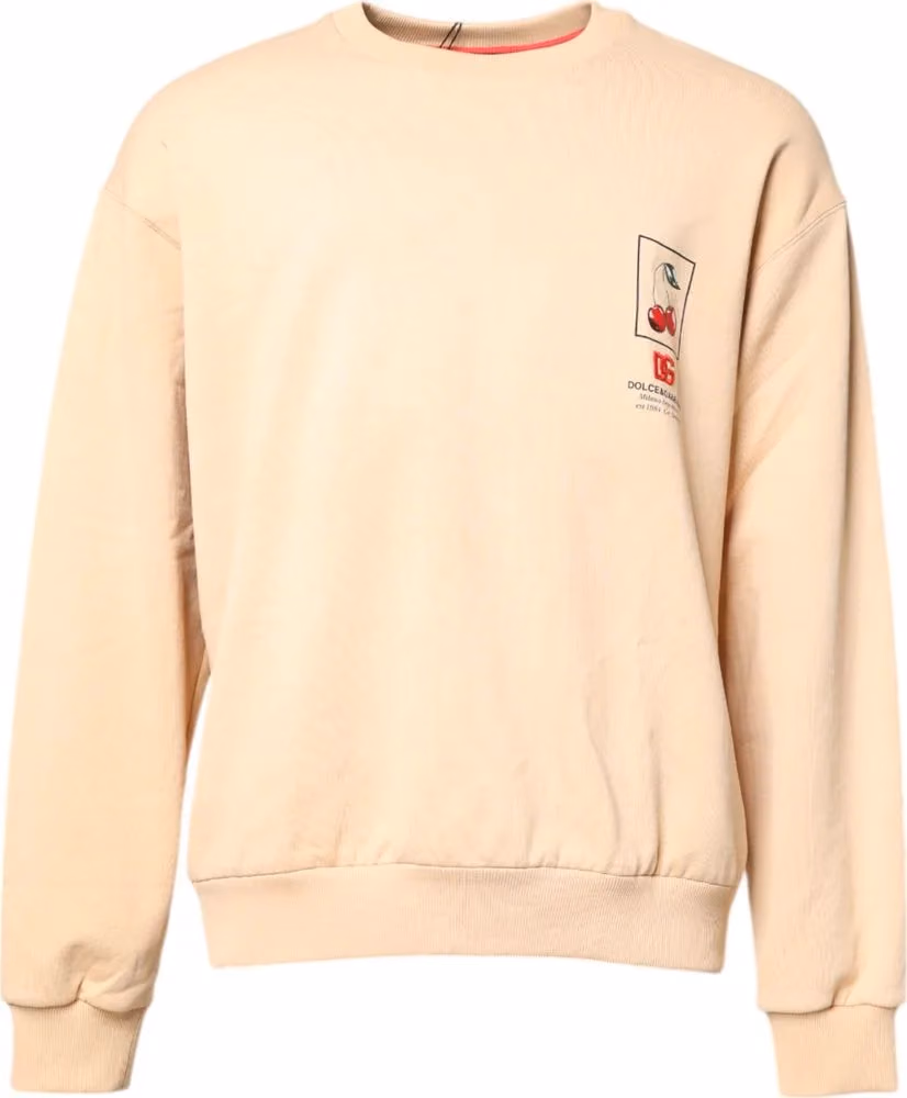 Dolce & Gabbana Beige Cherry Print Crew Neck Pullover Sweater