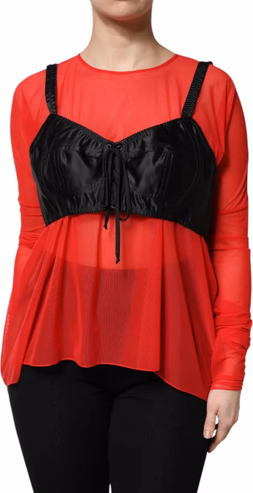 Dolce & Gabbana Red Black Bustier Detailing Long Sleeves Top