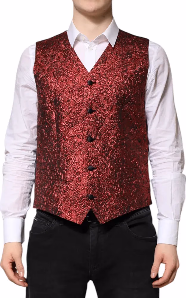 Dolce & Gabbana Red Floral Brocade Formal Men Waistcoat Vest