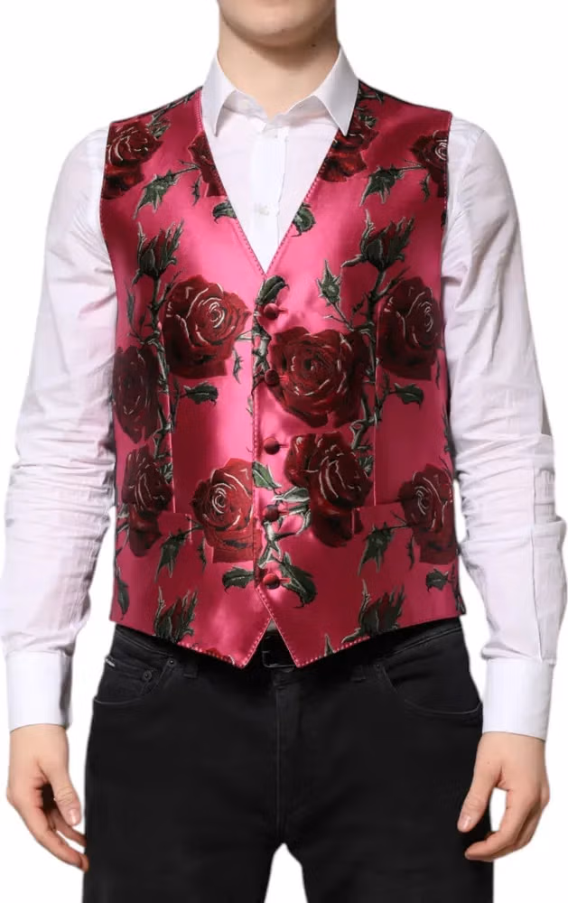 Dolce & Gabbana Pink Floral Satin Formal Men Waistcoat Vest