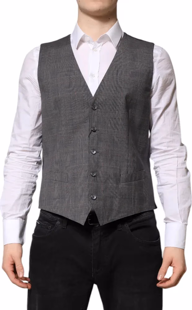 Dolce & Gabbana Gray Plaid Wool Formal Dress Waistcoat Vest
