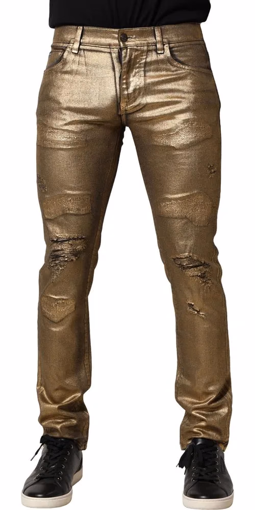 Dolce & Gabbana Gold Tattered Cotton Stretch Slim Denim Jeans
