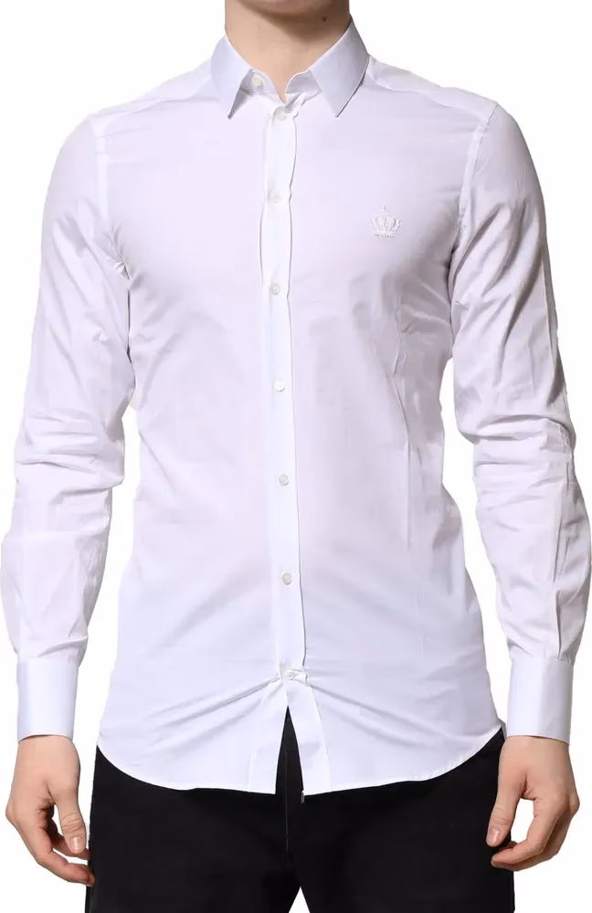 Dolce & Gabbana White GOLD Crown Cotton Dress Formal Shirt