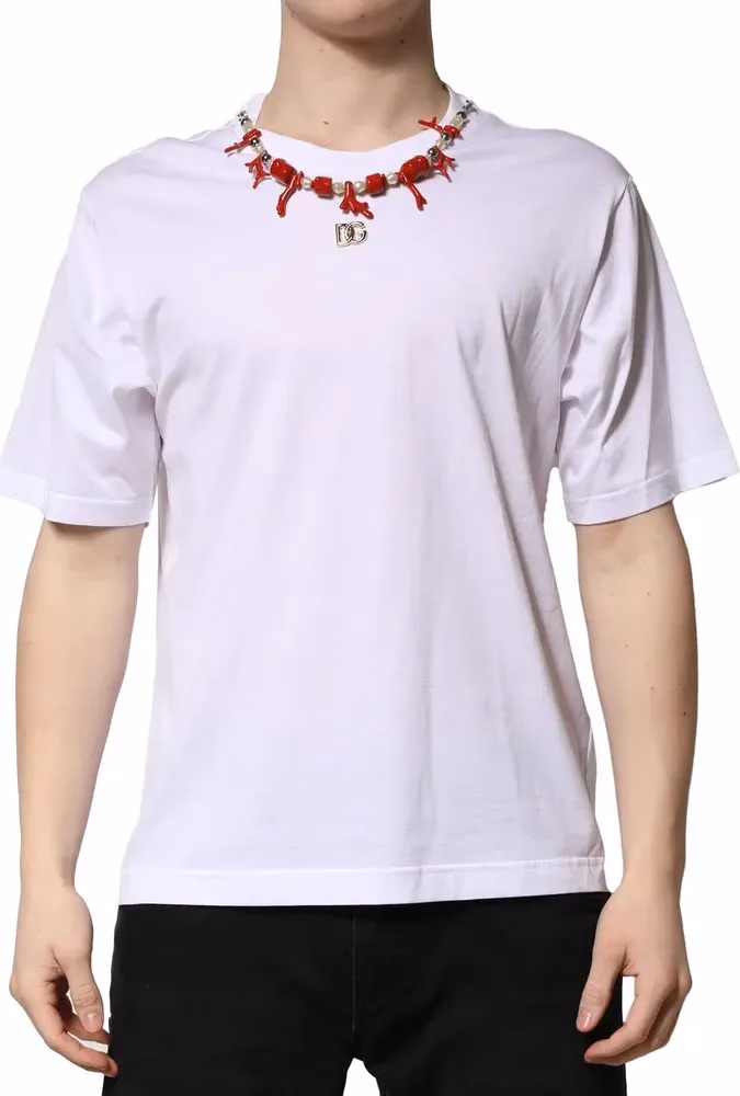 Dolce & Gabbana White Embellished Cotton Crew Neck T-shirt