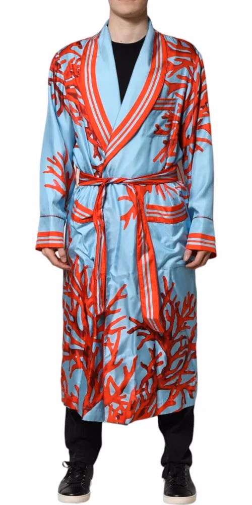 Dolce & Gabbana Blue Red Coral Print Wrap Robe Coat Jacket