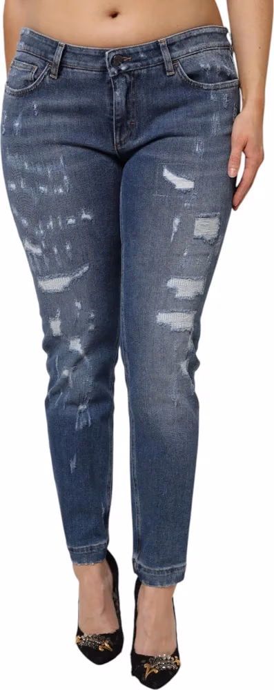 Dolce & Gabbana Blue Tattered Cotton Low Waist Denim Jeans