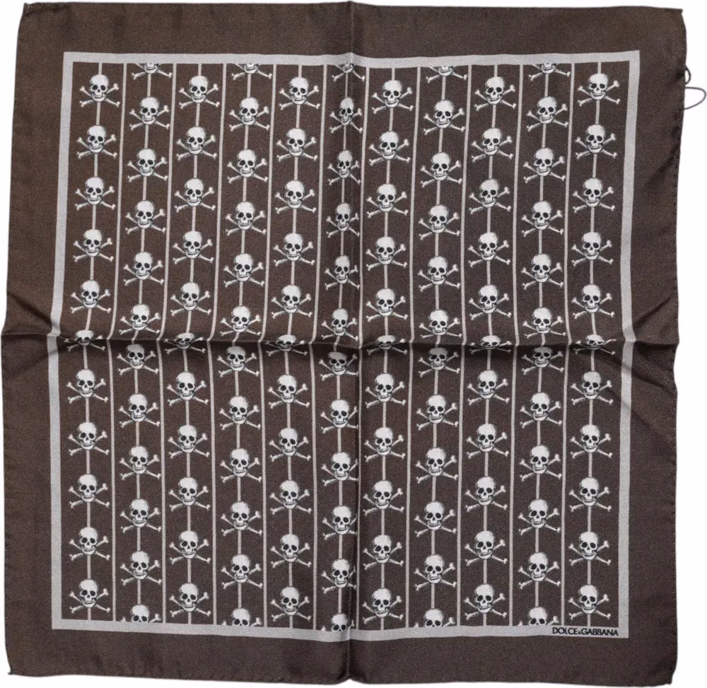 Dolce & Gabbana Brown Skull Silk Square Men Foulard Scarf